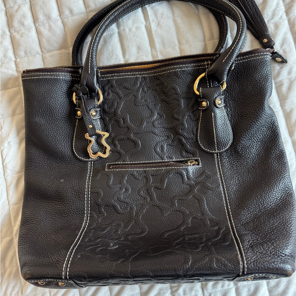 Tous Black Textured Tote with Gold Accents